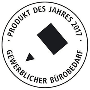 Rundes Siegel mit dem Text „Produkt des Jahres 2017 – Gewerblicher Bürobedarf“ und zwei geometrischen Formen in der Mitte.