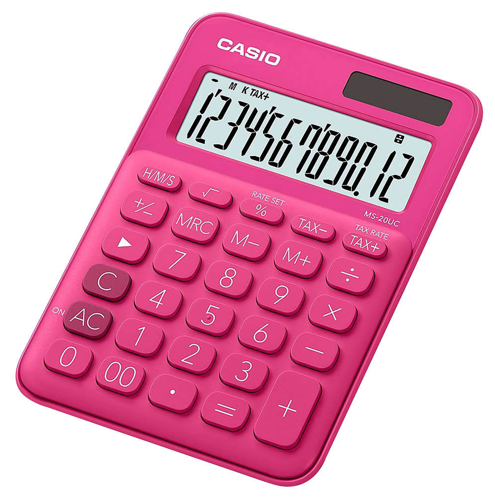 Calcolatrice Da Tavolo Casio MS-20UC - Colore Rosa, Display 12 Cifre, Alimentazione Solare E Batteria