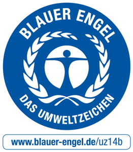 Umweltzeichen Blauer Engel, in Blau mit Mensch in Lorbeerkranz. Auszeichnung für nachhaltige, umweltschonende Produkte, hier für den Bereich uz14b.